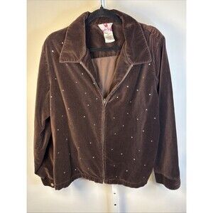VTG Quacker Factory Women’s Velour Jacket Brown Rhinestones Holidays XL Full Zip